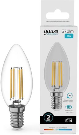 Упаковка ламп филаментная GAUSS E14,  свеча, 10Вт, 10 шт. [32120]
