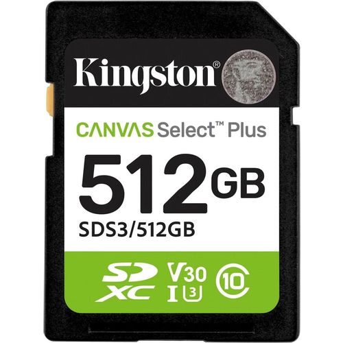Карта памяти SDXC UHS-I U1 Kingston Canvas Select Plus 512 ГБ, 150 МБ/с, Class 10, SDS3/512GB, 1 шт., без адаптера