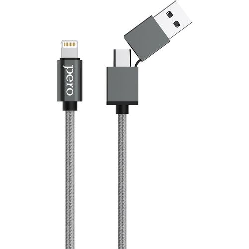 Кабель PERO DC-07, Lightning (m) — USB (m)/USB Type-C (m), 1м, 3A, серый [prdc-07utl1ms]