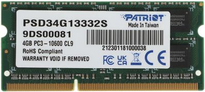 Оперативная память Patriot PSD34G13332S DDR3 -  1x 4ГБ 1333МГц, для ноутбуков (SO-DIMM),  Ret