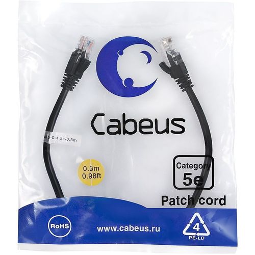 Патч-корд CABEUS вилка RJ-45, вилка RJ-45, кат.5E, ПВХ, 0.3м, черный [pc-utp-rj45-cat.5e-0.3m-bk]