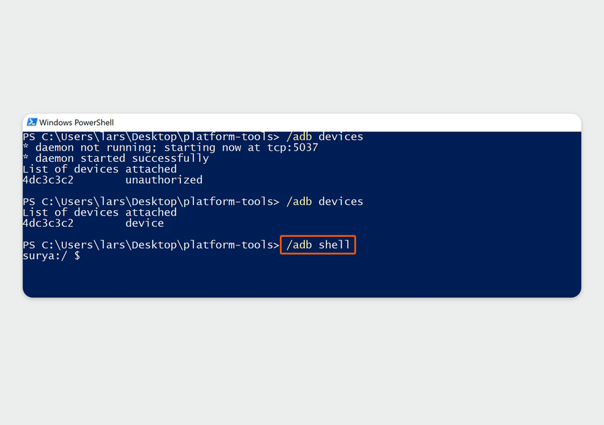 Введите в окне /adb shell