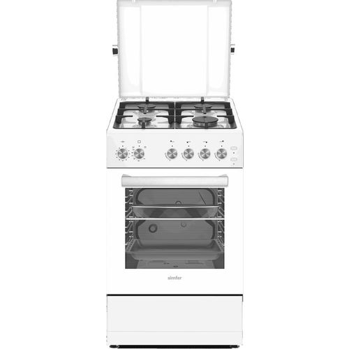 Газовая плита Simfer F56GW42025, газовая духовка, металлическая крышка, чугун, белый и черный