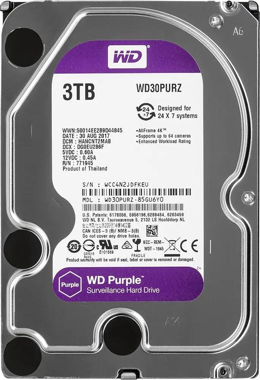 Жесткий диск WD Purple WD30PURZ, 3ТБ, HDD, SATA III, 3.5