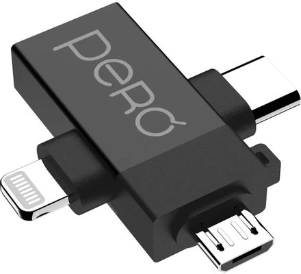 Адаптер PERO AD14, Lightning (m)/USB Type-C (m)/micro USB (m) - USB (f), 0.037м, черный
