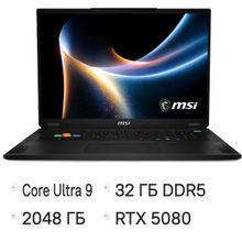 Изображение товара Ноутбук игровой MSI Stealth 18 HX A2WI-083RU, 18", IPS, Intel Core Ultra 9 290HX Plus 2.7ГГц, 24-ядерный, 32ГБ DDR5, 2ТБ SSD,  NVIDIA GeForce  RTX 5080 для ноутбуков - 16 ГБ, TGP 150Вт,  Windows 11 Home,  черный [9s7-183341-083]