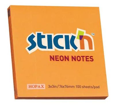 Блок самоклеящийся бумажный STICK`N 21164, 76x76, 100 л, неон, оранжевый