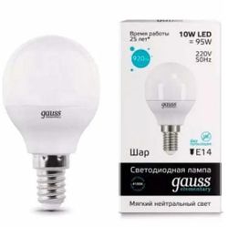 Лампа LED GAUSS E14, шар, 10Вт, одна шт.