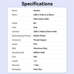 Кабель аудио VENTION BIJHF, USB Type-C (m) - Jack 6.35 (m), 1м
