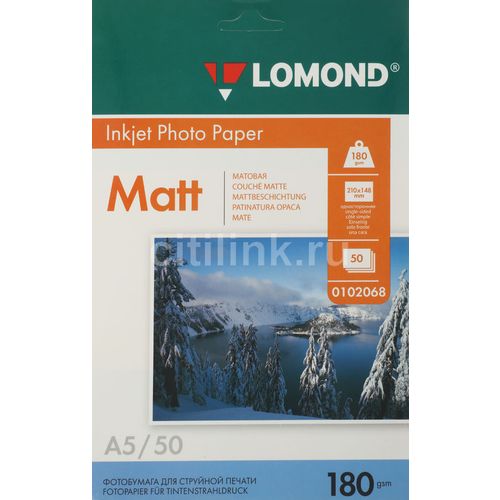 Фотобумага Lomond A5, для струйной печати, 50л, 180г/м2, белый, покрытие матовое [0102068]