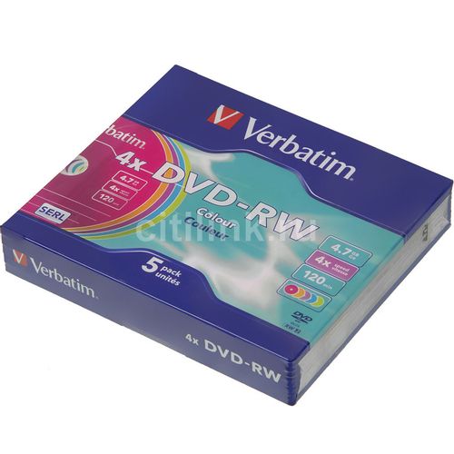 Оптический диск DVD-RW Verbatim 4.7ГБ 4x, 5шт., slim case, разноцветные [43563]