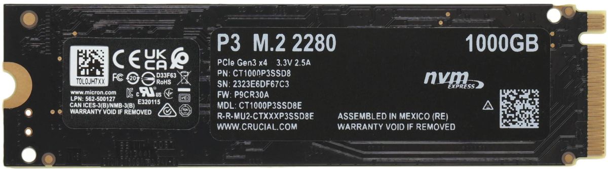 SSD накопитель Crucial P3 CT1000P3SSD8 1ТБ, M.2 2280, PCIe 3.0 x4