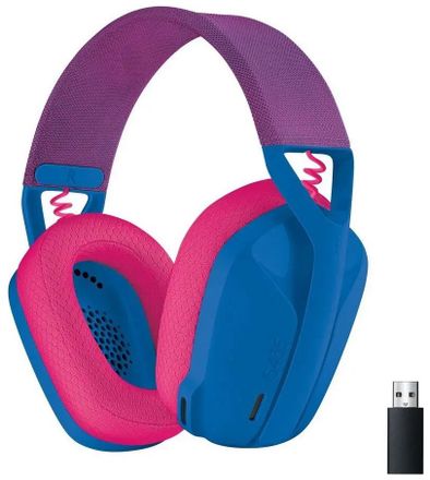 Гарнитура игровая Logitech G435,  для компьютера и игровых консолей, Bluetooth/Радио,  беспроводная, синий  / розовый [981-001062]