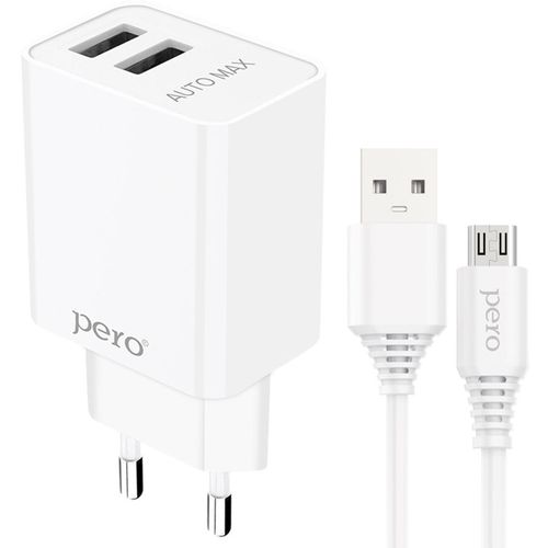Сетевое зарядное устройство PERO ТС02, 2xUSB-A, microUSB, 10.5Вт, 2.1A, белый [тс02w2am]