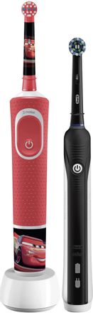 Набор электрических зубных щеток Oral-B Family Edition Pro 1 700+Kids Cars, насадки для щётки: 2 шт, цвет: черный и красный