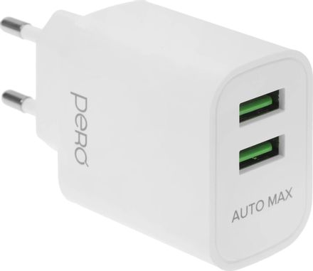 Сетевое зарядное устройство PERO TC02,  2xUSB-A,  8-pin Lightning, 10.5Вт, 2.1A, белый [тс02w2al]