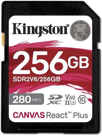 Карта памяти SDXC UHS-II Kingston Canvas React Plus 256 ГБ, 280 МБ/с, Class 10, SDR2V6/256GB, 1 шт., без адаптера