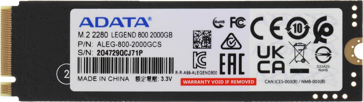 SSD накопитель A-Data Legend 800 ALEG-800-2000GCS 2ТБ, M.2 2280