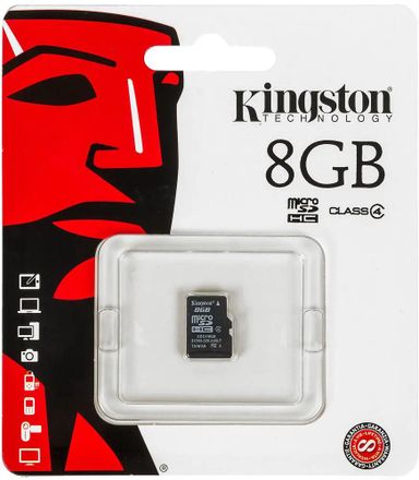Карта памяти microSDHC Kingston 8 ГБ, Class 4, SDC4/8GBSP,  1 шт., без адаптера