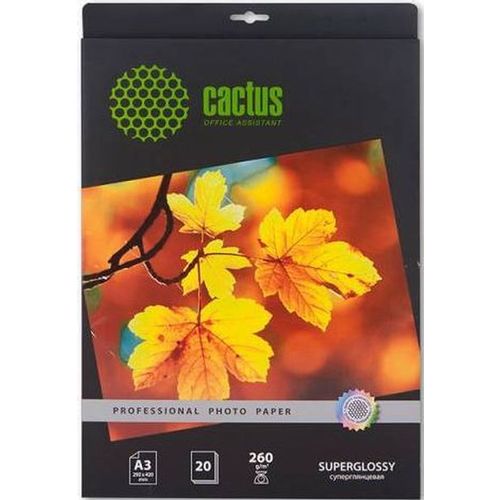 Фотобумага Cactus Prof, A3, для струйной печати, 20л, 260г/м2, белый, покрытие глянцевое [cs-hga326020]