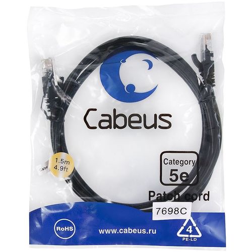 Патч-корд CABEUS вилка RJ-45, вилка RJ-45, кат.5E, ПВХ, 1.5м, черный [pc-utp-rj45-cat.5e-1.5m-bk]