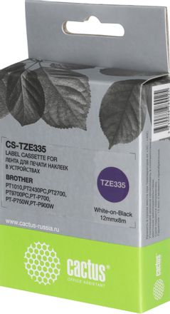 Картридж Cactus CS-TZE335, TZe-335, 12мм,  белый шрифт, черный фон,  8м, CS-TZE335