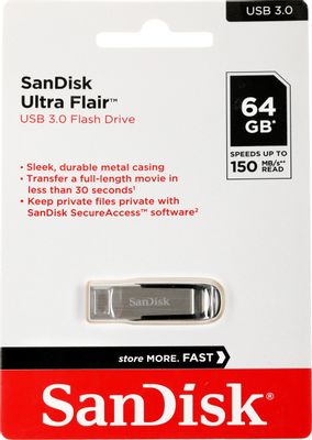 Флешка USB Sandisk Cruzer Ultra Flair 64ГБ, USB3.0, серебристый и