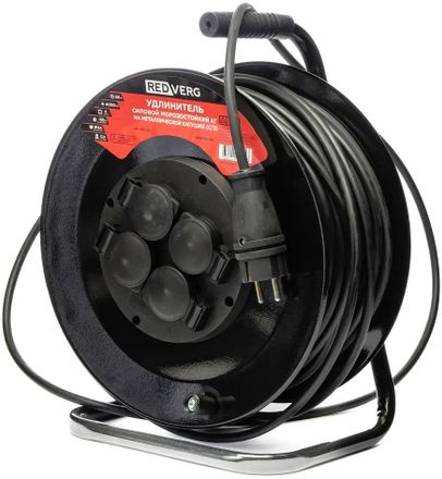 Удлинитель силовой REDVERG MA-292, розеток 4шт, 3x1.0 кв.мм, 16A, 50м, КГ, катушка, черный