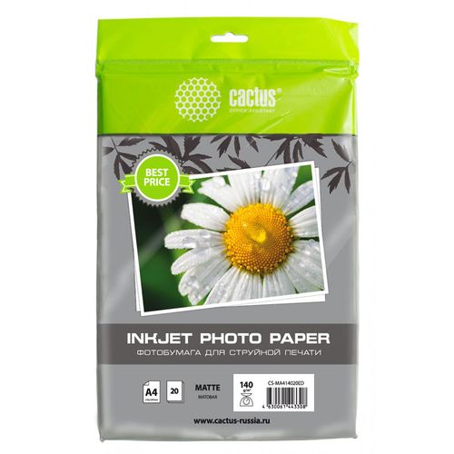 Фотобумага Cactus CS-MA414020ED, A4, для струйной печати, 20л, 140г/м2, белый, покрытие матовое