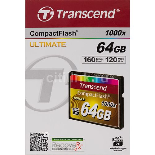 Карта памяти CF Transcend 64 ГБ, 160 МБ/с, 1000X, TS64GCF1000, 1 шт., без адаптера
