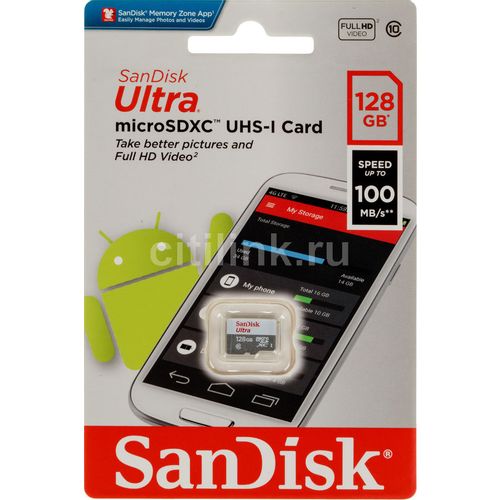Карта памяти microSDXC UHS-I Sandisk Ultra 128 ГБ, 100 МБ/с, Class 10, SDSQUNR-128G-GN6MN, 1 шт., без адаптера