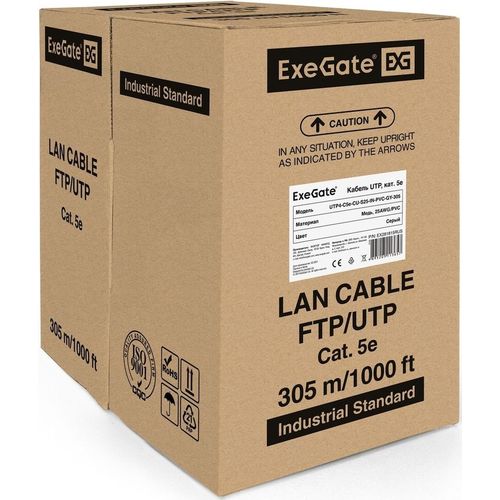 Кабель EXEGATE UTP4-C5e-CU-S25-IN-PVC-GY-305-FLUKE UTP UTP, кат.5E, 305м, 4 пары, 25AWG, медь, одножильный, серый