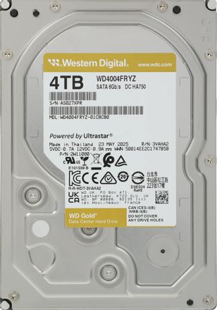 4ТБ Жесткий диск WD Gold WD4004FRYZ, SATA III, 3.5", 7200об/мин