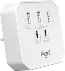 Изображение товара Сетевое зарядное устройство AGNI TP-WB2U3E,  3xUSB-A,  2xUSB-C, 20Вт, 3A, белый [tp-wb2u3e-white]