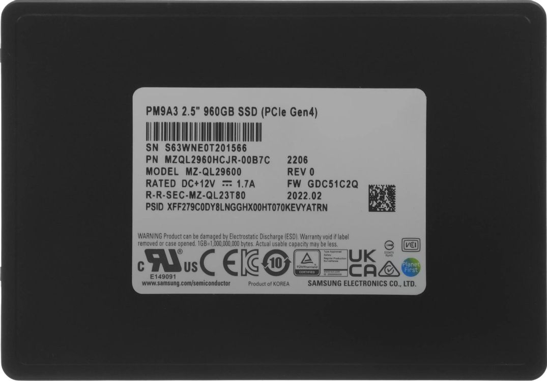 960ГБ Серверный SSD накопитель Samsung MZQL2960HCJR-00B7C PCIe 4.0