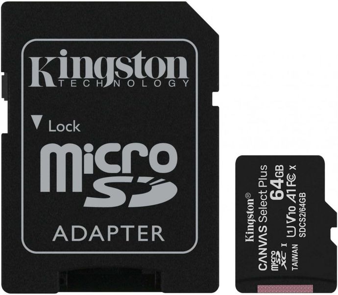 Карта памяти microSDXC UHS-I Kingston Canvas Select Plus 64 ГБ, 100 МБ/с, Class 10, SDCS2/64GB,  1 шт., переходник SD
