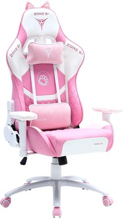 Кресло игровое ZONE 51 KITTY, экокожа/замшевая ткань, до 150кг, топ-ган, регулируемые 2D подлокотники, белый и розовый