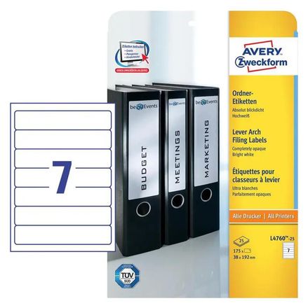Этикетки Avery Zweckform L4760-25, A4, универсальная, 25л, 80г/м2, белый, 192мм х 38мм, 7шт