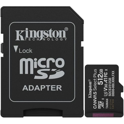Карта памяти microSDXC UHS-I U3 Kingston Canvas Select Plus 512 ГБ, 150 МБ/с, Class 10, SDCS3/512GB, 1 шт., переходник SD
