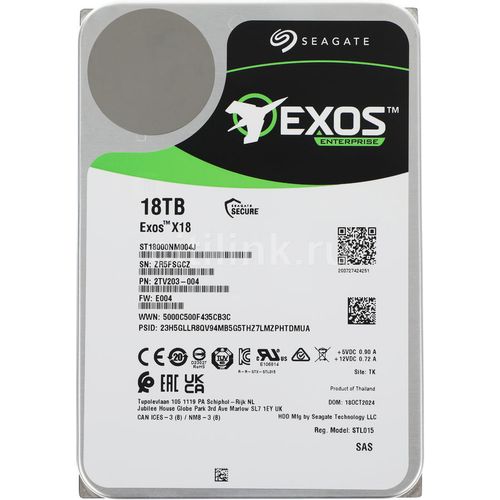 Жесткий диск Seagate Exos X18 ST18000NM004J, 18ТБ, HDD, SAS 3.0, 3.5″, 7200об/мин