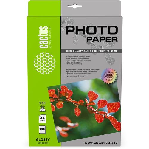Фотобумага Cactus CS-GA4230100, A4, для струйной печати, 100л, 230г/м2, белый, покрытие глянцевое