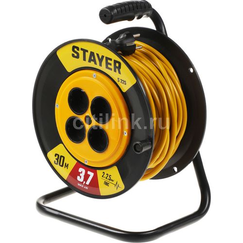 Удлинитель силовой Stayer 55070-30, розеток 4шт, 2×2.5 кв.мм, 10A, 30м, ПВС, катушка, желтый
