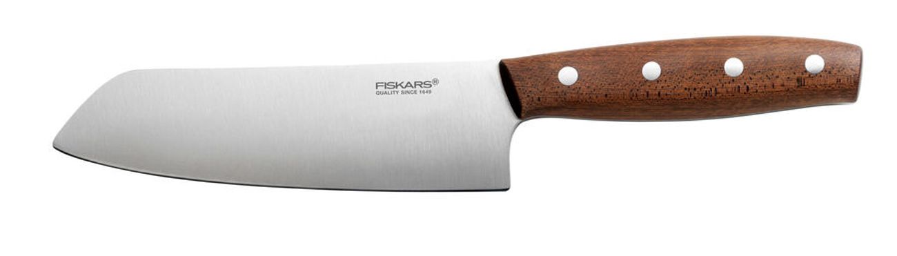 Нож кухонный Fiskars Norr, сантоку, 160мм, заточка прямая, стальной, коричневый [1016474]