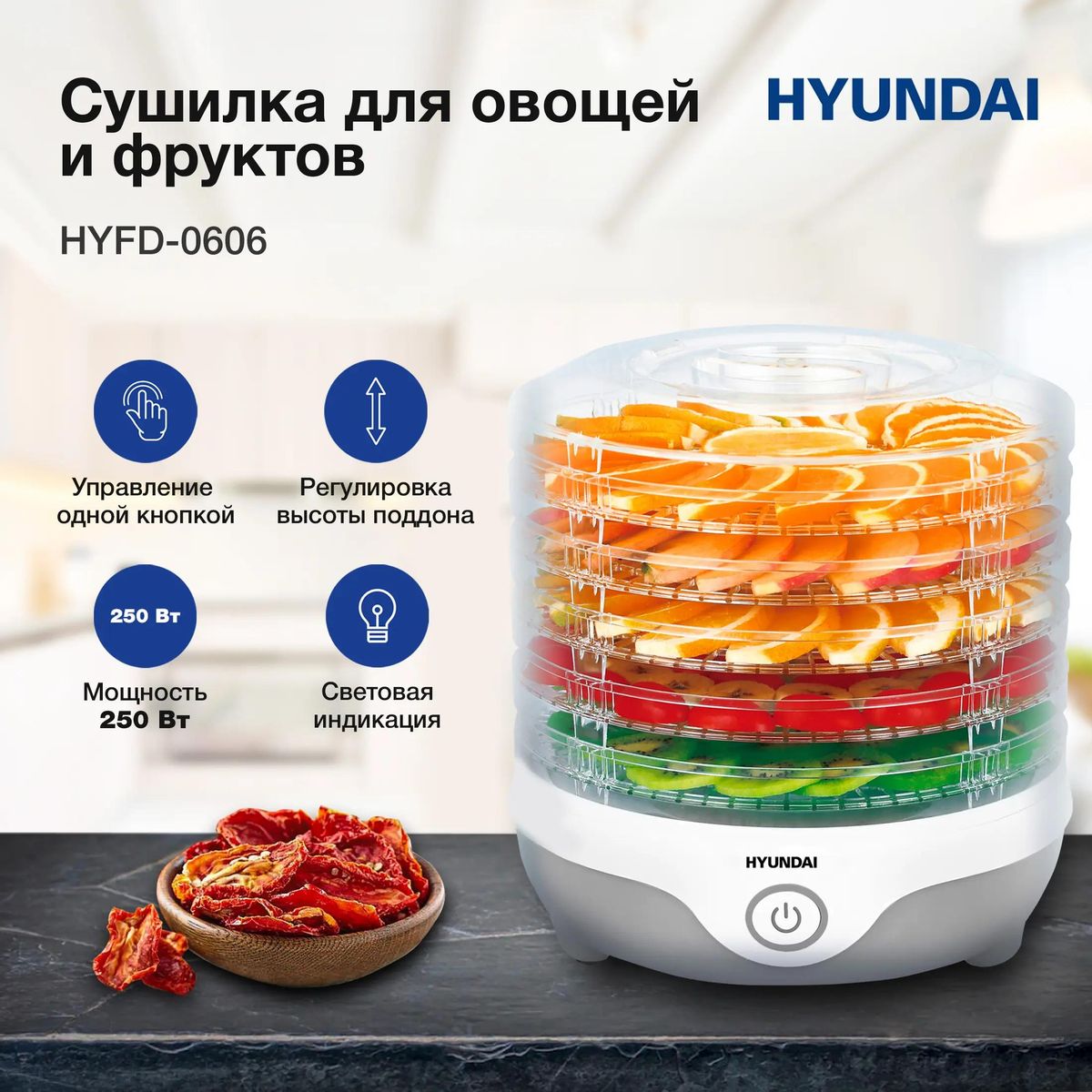 Сушилка для овощей и фруктов Hyundai HYFD-0606, белый/серый, 5 поддонов –  купить в Ситилинк | 1631458