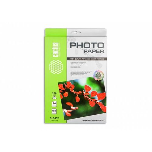 Фотобумага Cactus CS-GA4200100, A4, для струйной печати, 100л, 200г/м2, белый, покрытие глянцевое