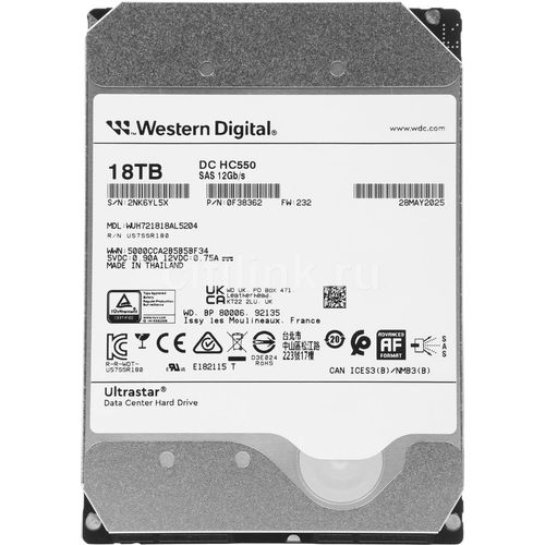 18ТБ Жесткий диск WD Ultrastar DC HC550 WUH721818AL5204, SAS 3.0, 3.5", 7200об/мин [0f38362]