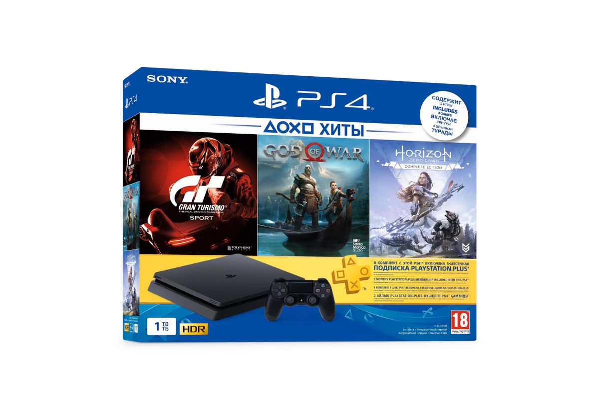 Игровая консоль PlayStation 4 +3 игры: Gran Turismo Sport, God of War,  Horizon: Zero Dawn +PlayStation Plus 3-месячная подписка, CUH-2208B, 1ТБ –  купить в Ситилинк | 1103330