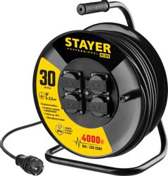 Удлинитель силовой Stayer 55076-30_z01, розеток 4шт, 3x2.5 кв.мм, 30м, КГ, катушка, черный