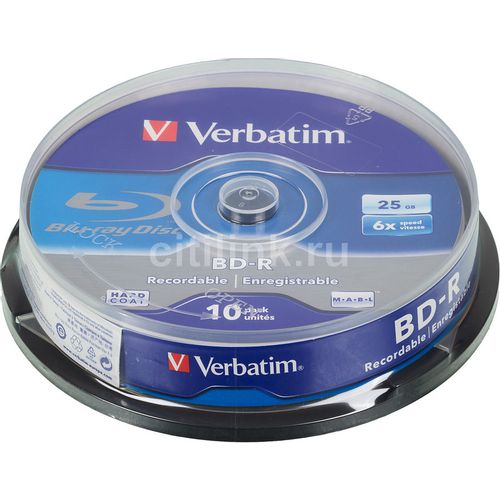 Оптический диск BD-R Verbatim 25ГБ 6x, 10шт., 43742, cake box