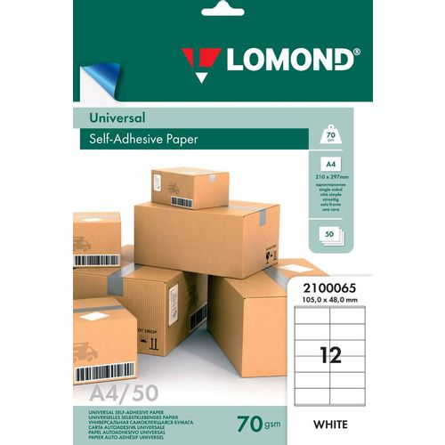 Этикетки Lomond A4, универсальная (с покрытием), 50л, 70г/м2, белый, 105мм х 48мм, 12шт [2100065]